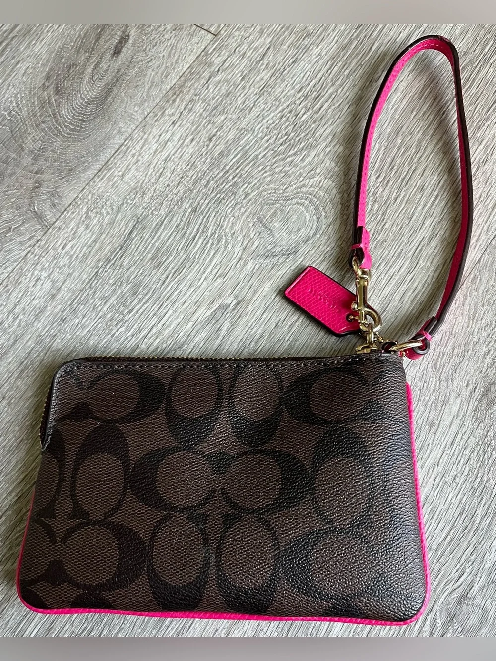 Coach Brown Signature Canvas Wristlet with Bright Pink Leather Accent